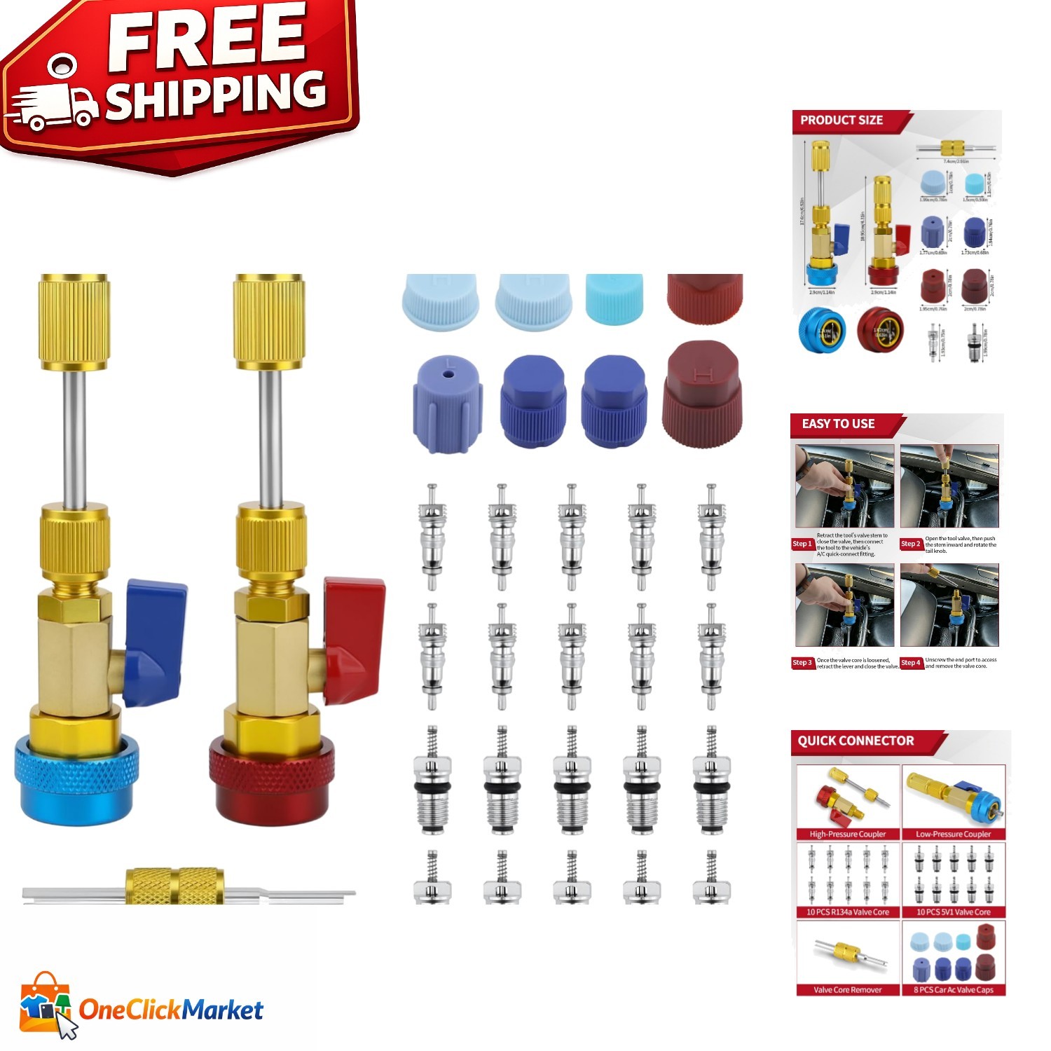 31Pcs R134A AC Valve Core Removal Tool Set, Quick Installer for High/Low Pressur