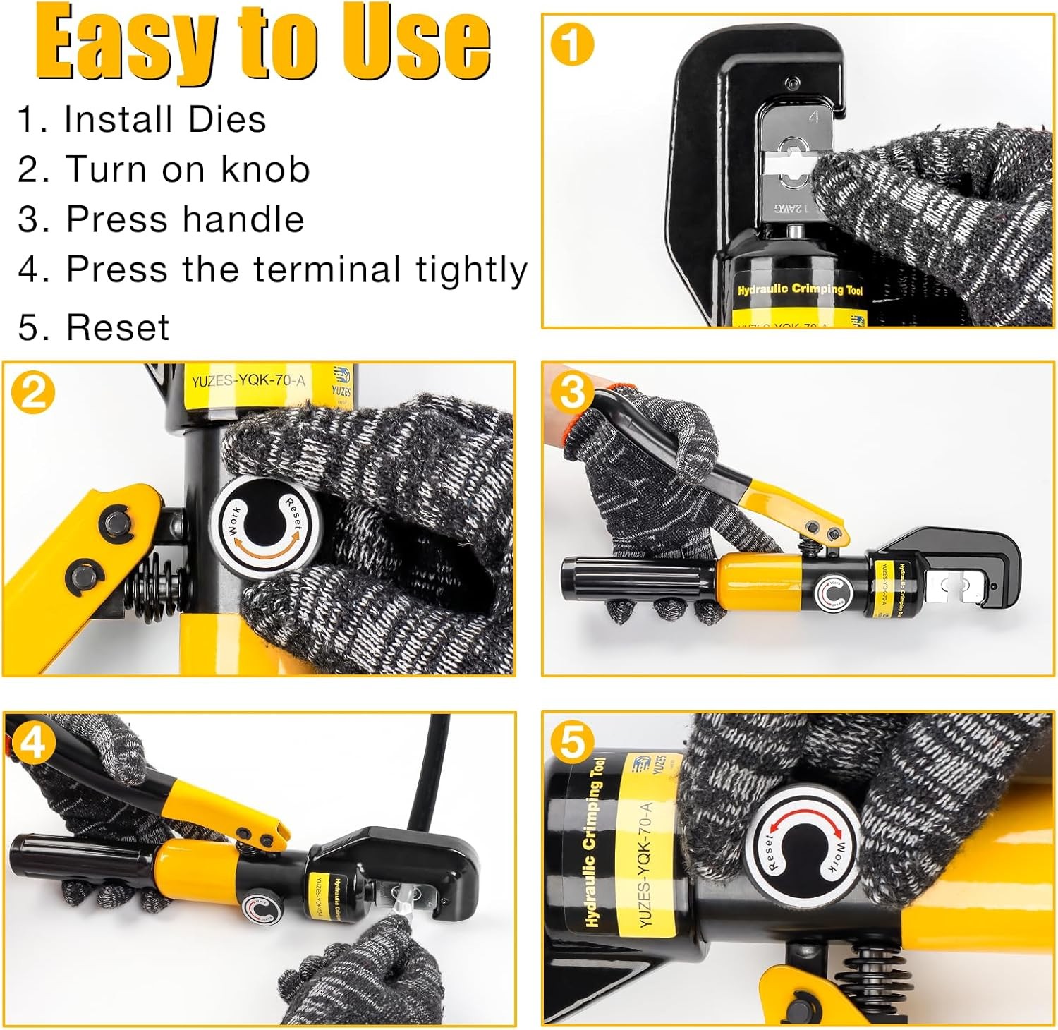 YUZES Hydraulic Crimping Tool 10 Tons, 12 AWG to 2/0 Battery Cable Yellow