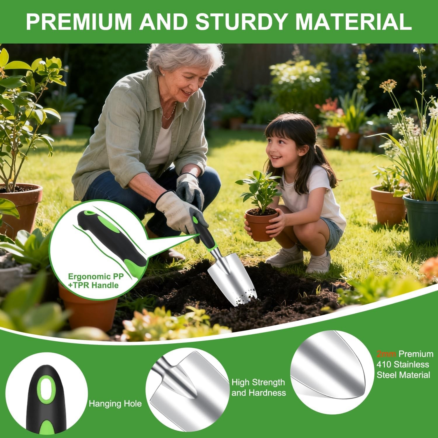 Gardening Tool Set 22-Piece Heavy Duty Hand Tool Kit Supplies Gifts Black Green