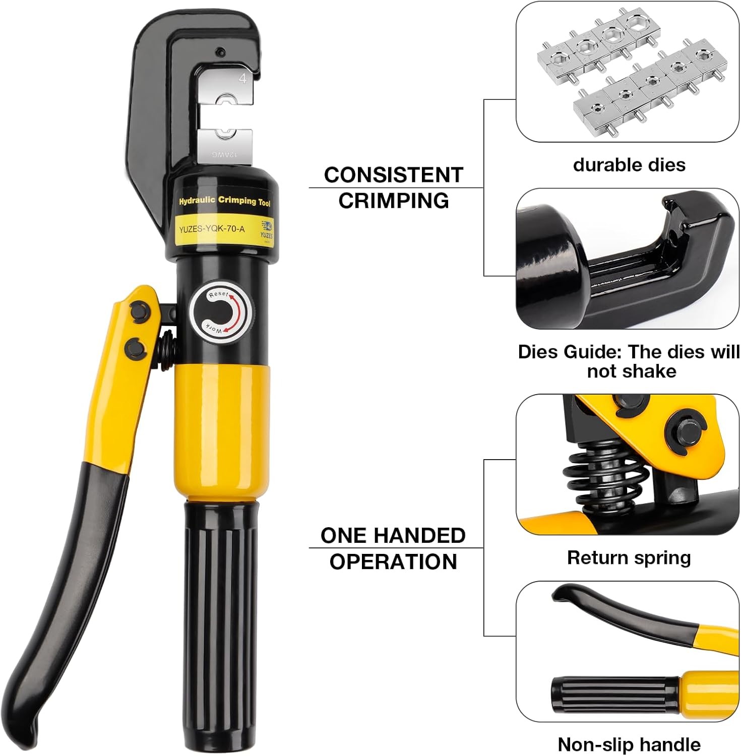 YUZES Hydraulic Crimping Tool 10 Tons, 12 AWG to 2/0 Battery Cable Yellow