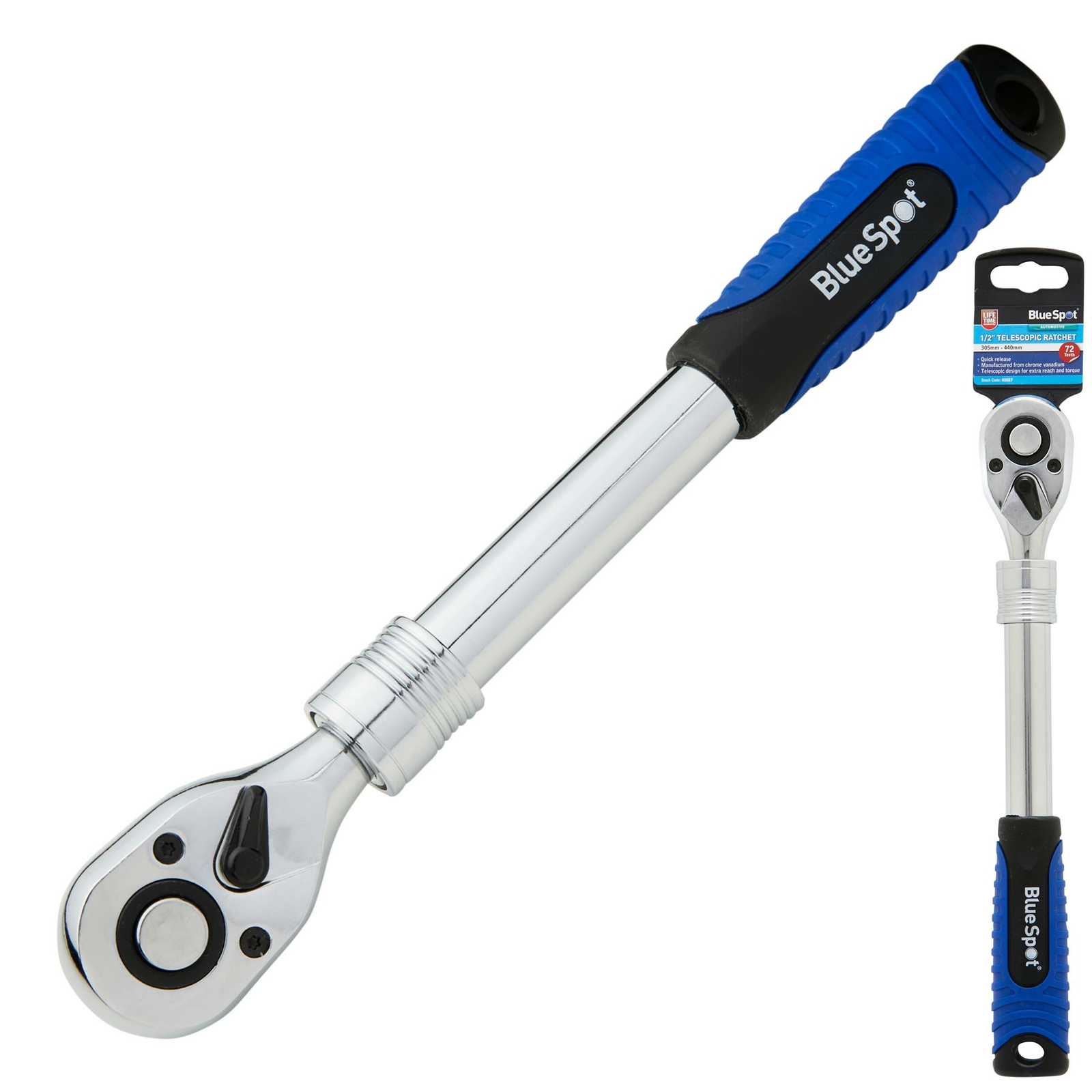 BlueSpot Socket Extendable Telescopic Ratchet Handle Quick Release 72 Teeth 3/8″