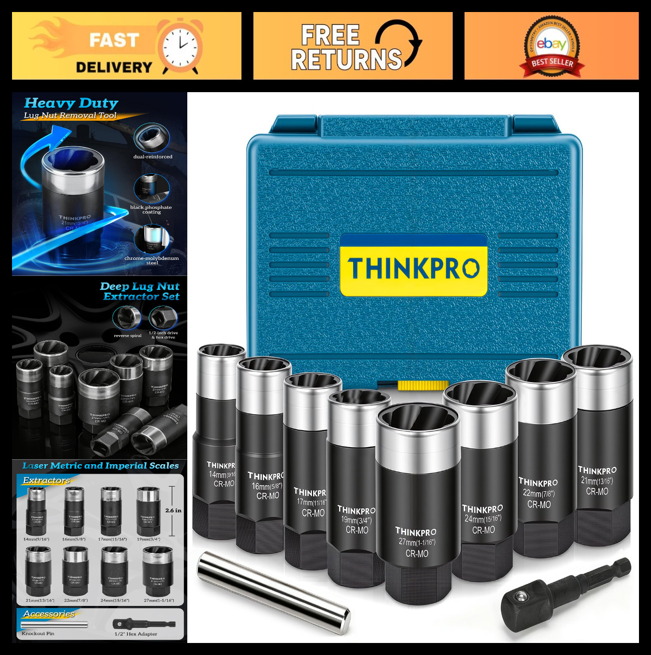 Heavy Duty Lug Nut Removal Tool Kit – 10 Piece Extractor for Stripped & Damaged