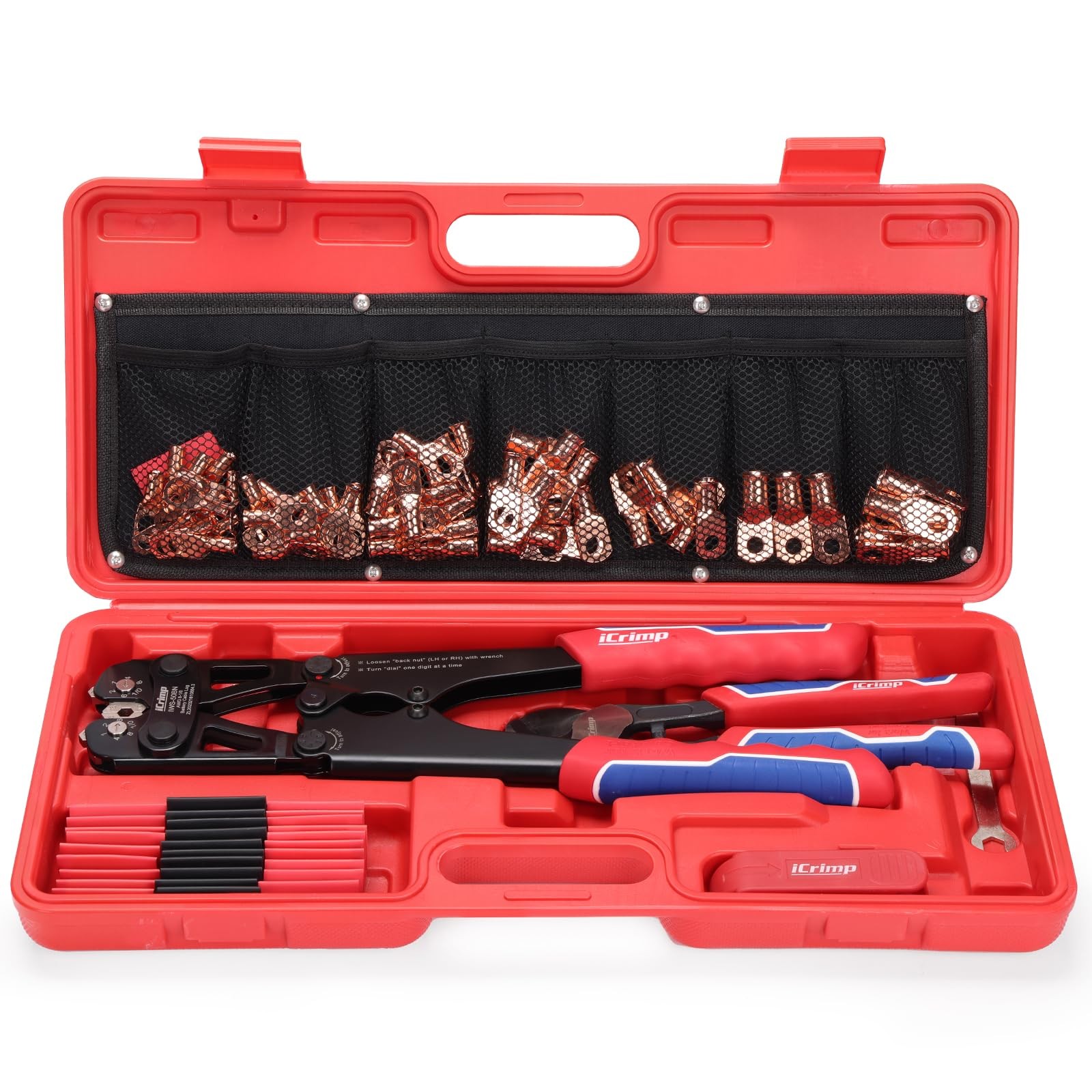 Battery Cable Lug Crimping Tool Kit 8-1/0 AWG 63 Copper Lugs 25 Heat Tubes