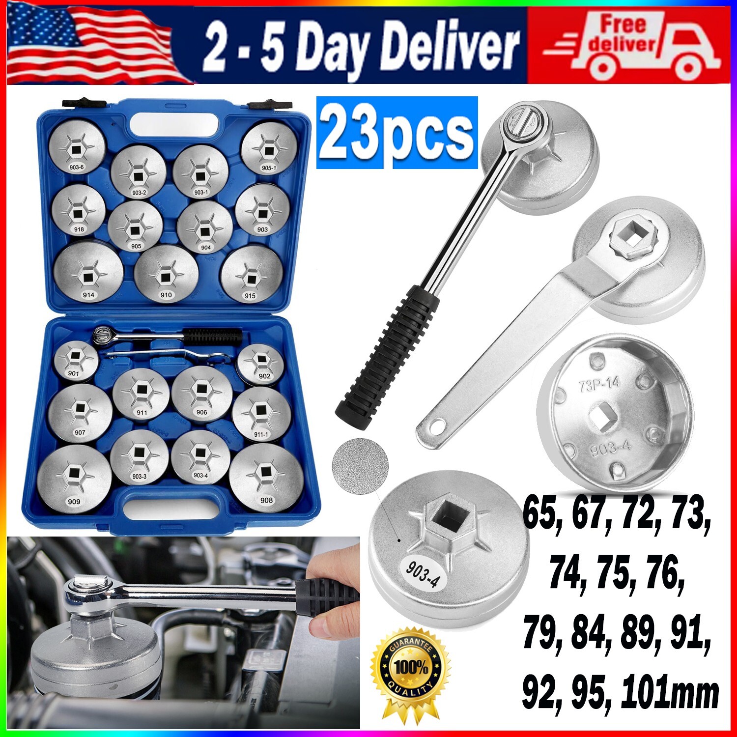 65 – 101MM Oil Filter Wrench Socket Set For Toyota VW BMW ‌GMC Sierra Ford Volvo