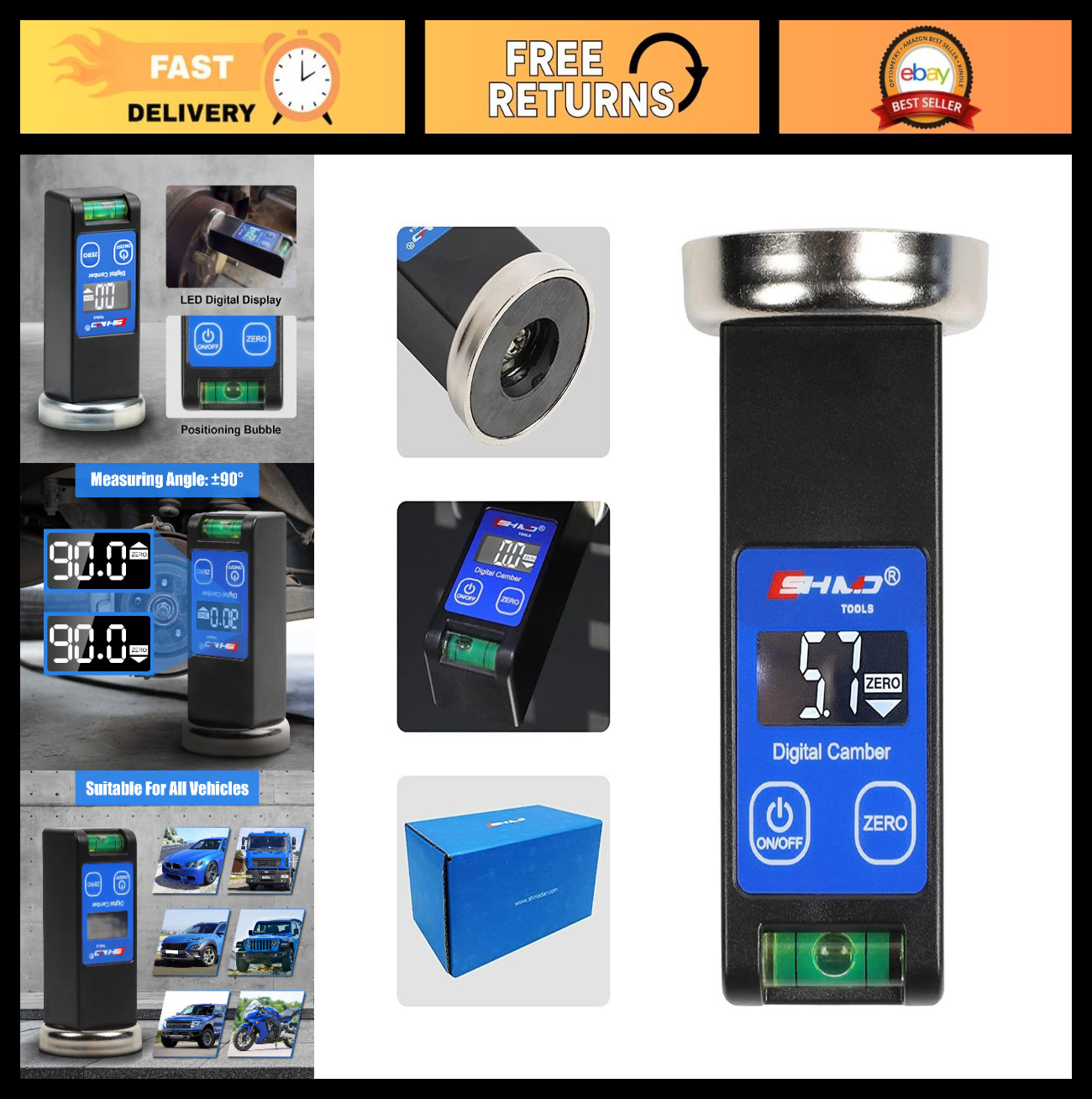 Digital Magnetic Camber Gauge Tool | -90° to +90° Precision Readout, Digital Dis