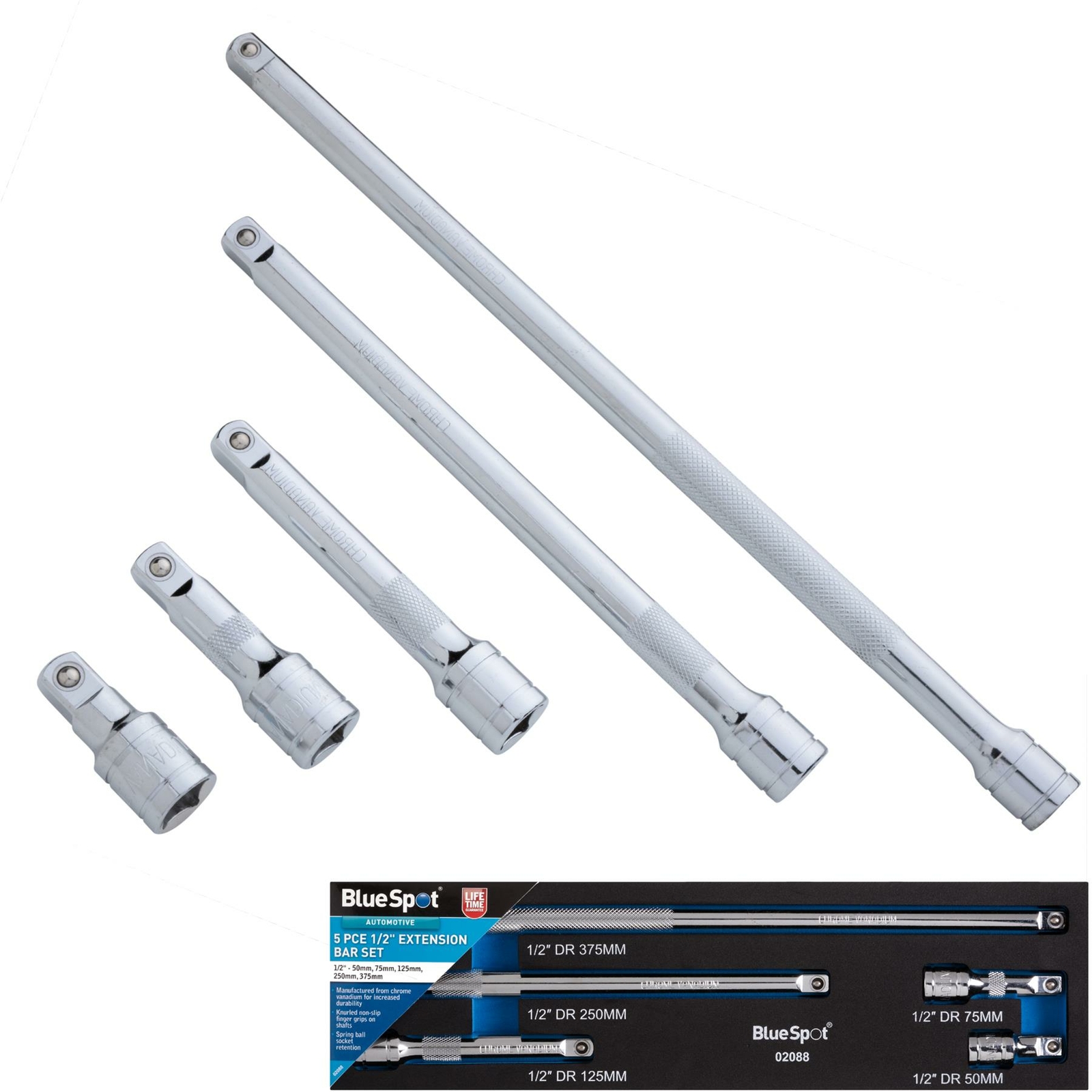 1/2″ Drive Socket Extension Bar Set 50 75 125 250 & 375mm Long 5pc 02088