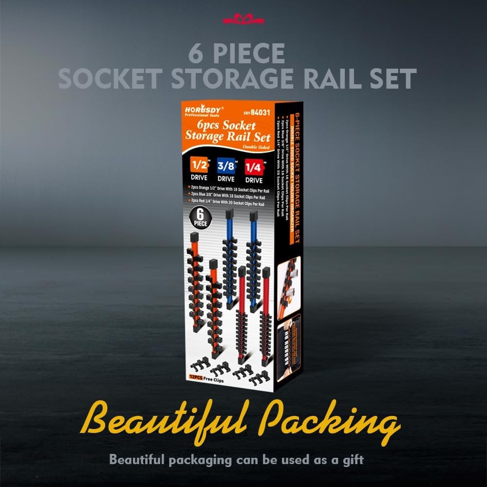 6PC Shallow Deep Socket Holder Organizer Rail Double Sided 1/4 3/8 1/2 in Driver