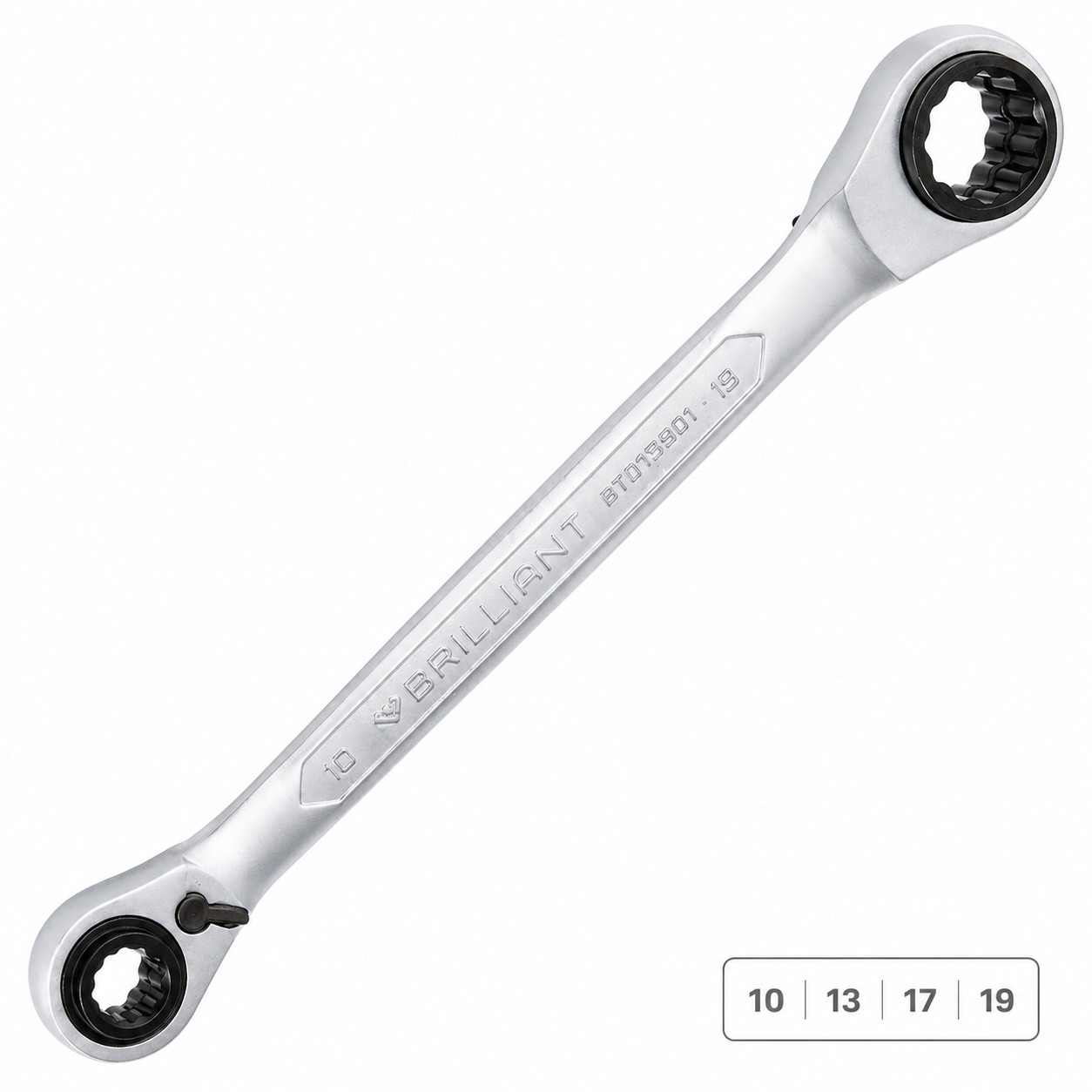 Brilliant Tools Double Ratcheting Ring Spanner 4 in 1 10×13.17x19mm Double Ratcheting