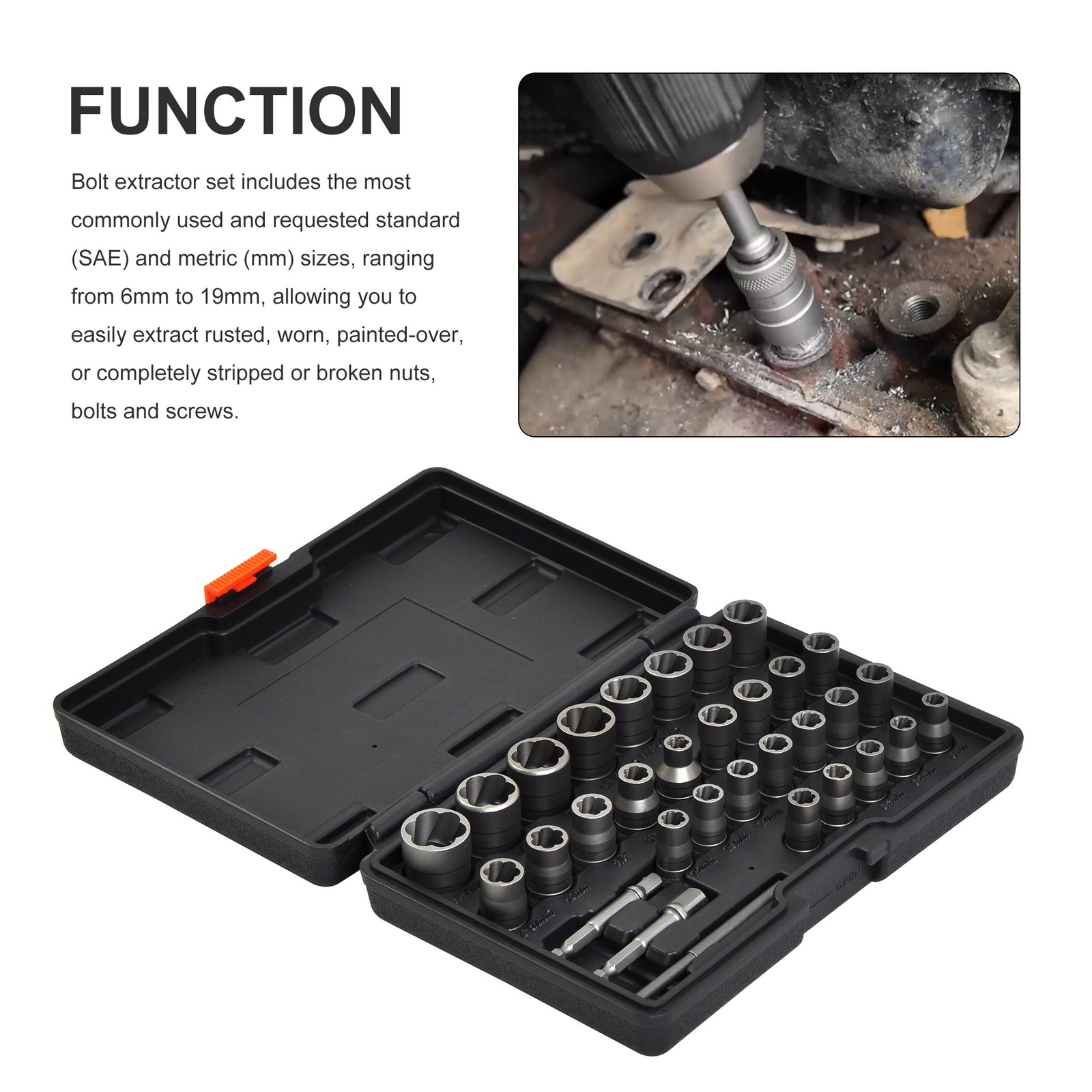 32pc 1/4″ & 3/8″ Square Drive Bolt Extractor Set, Impact Bolt & Nut Remover Tool