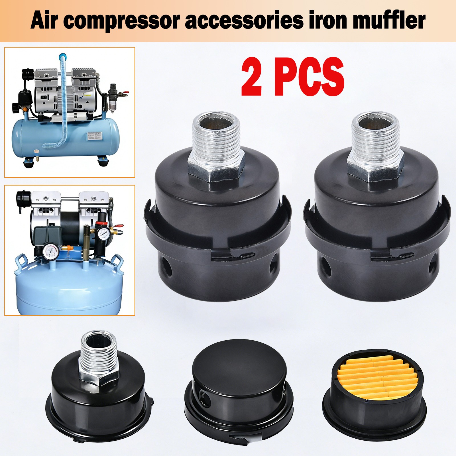 2x 20mm 1/2″ Thread Metal Air Compressor Intake Filter Noise Muffler Silencer
