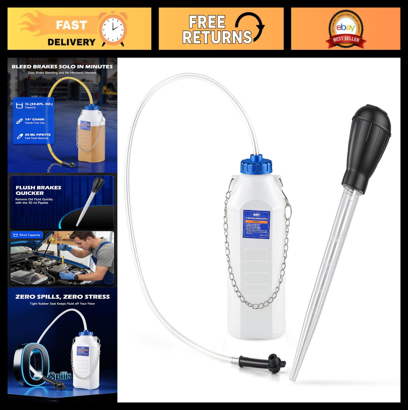 Brake Bleeder Kit – 1L Bottle, 30ml Fluid Extractor, 27″ Hose, One-Person Tool f