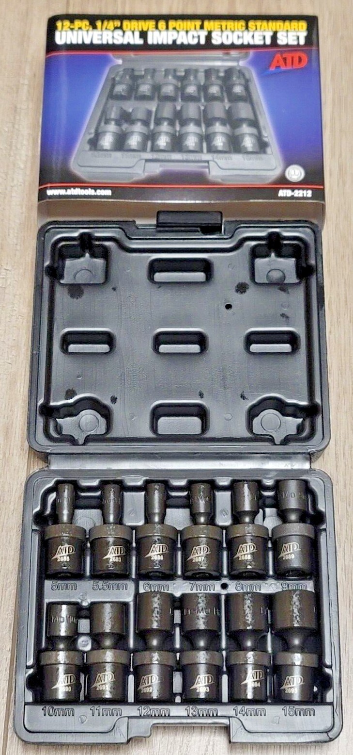 ATD 12pc 1/4″ dr 6pt Universal / Flex Impact Socket Set 5-15mm #2212