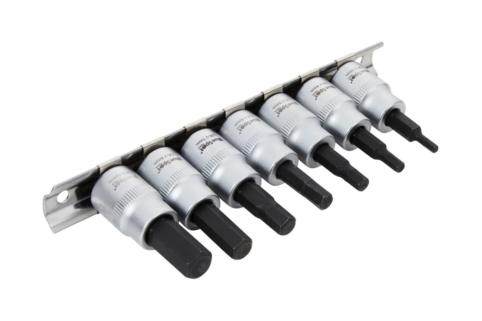Blue Spot 7 Piece Hex Socket Bit Set 3-10mm 3/8”D On Rail S2 Steel