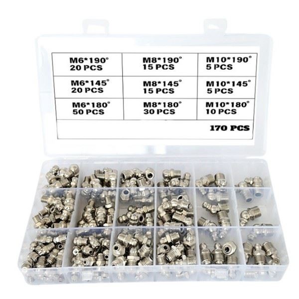 Comprehensive 170PC Metric Grease Nipple Set M6 M8 M10 Straight Angled Types