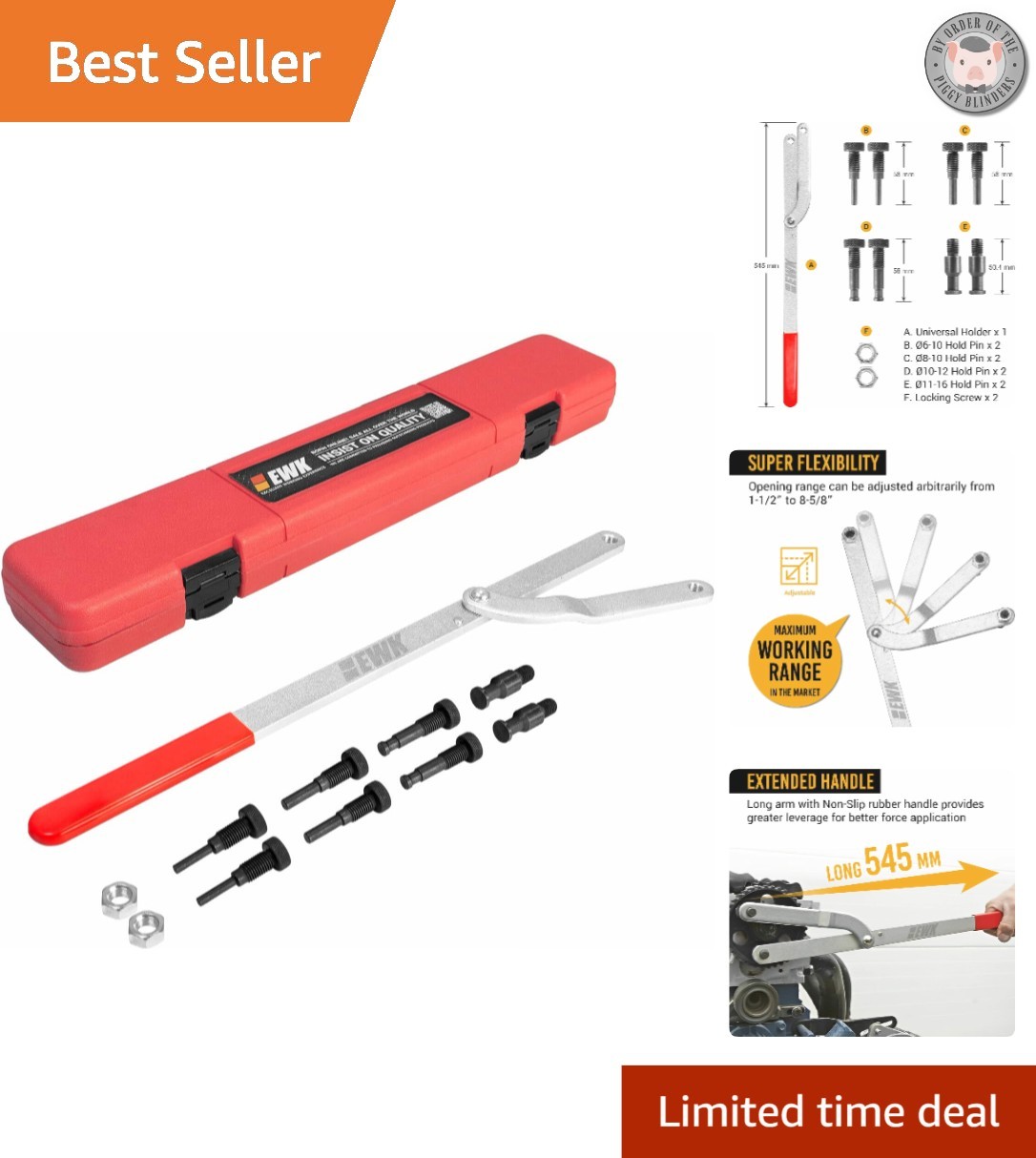 Adjustable Sprocket Wrench with 4 Pin Sizes & Long- Leverage for Engines