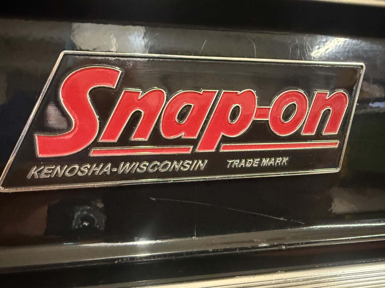 SNAP-ON tools logo badge decal vintage 1.5mm steel nameplate 5” x 2” .Rare.