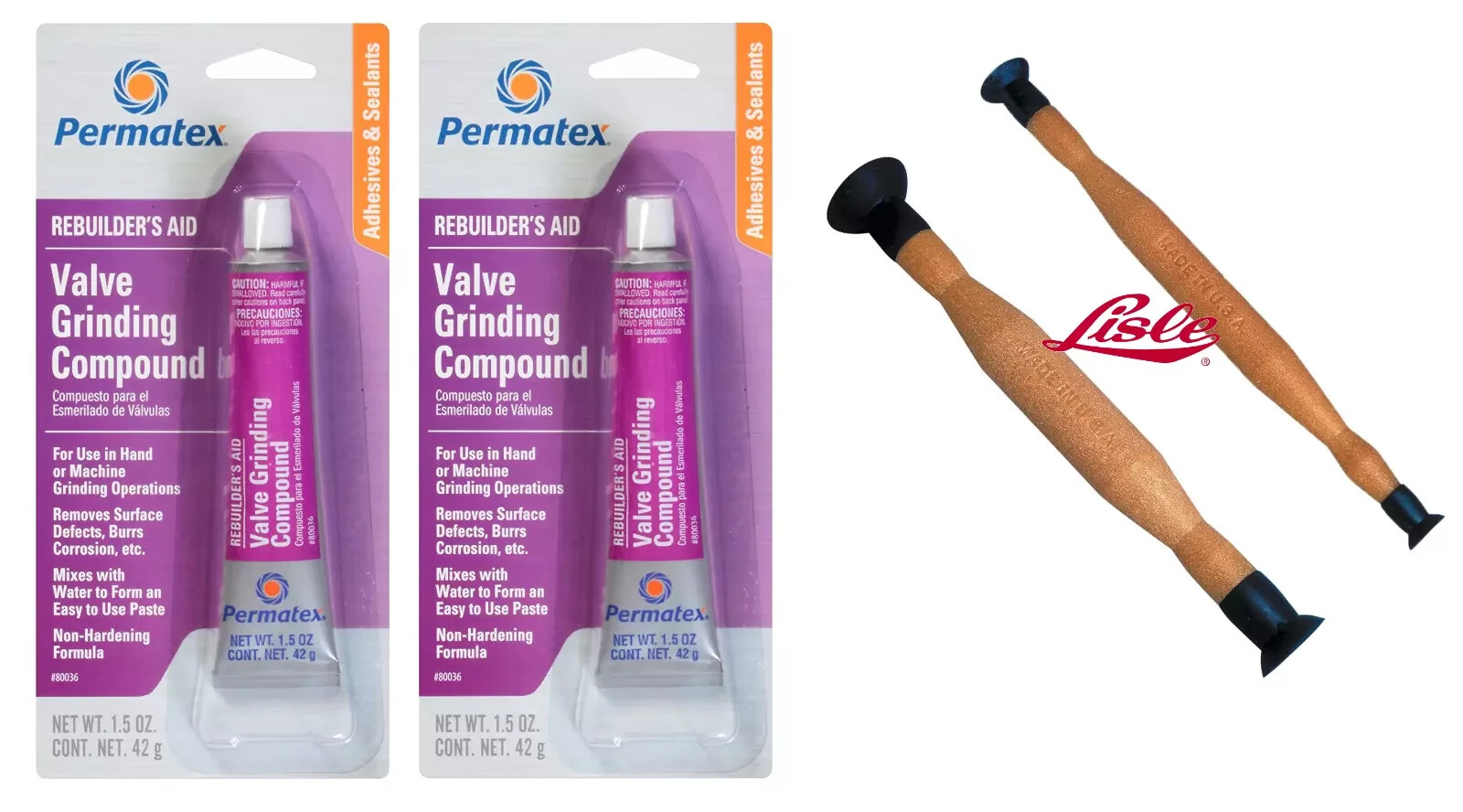 (2) Permatex Valve Lapping Compound + Lisle Tool 21100+21200 Lapper grinding Kit