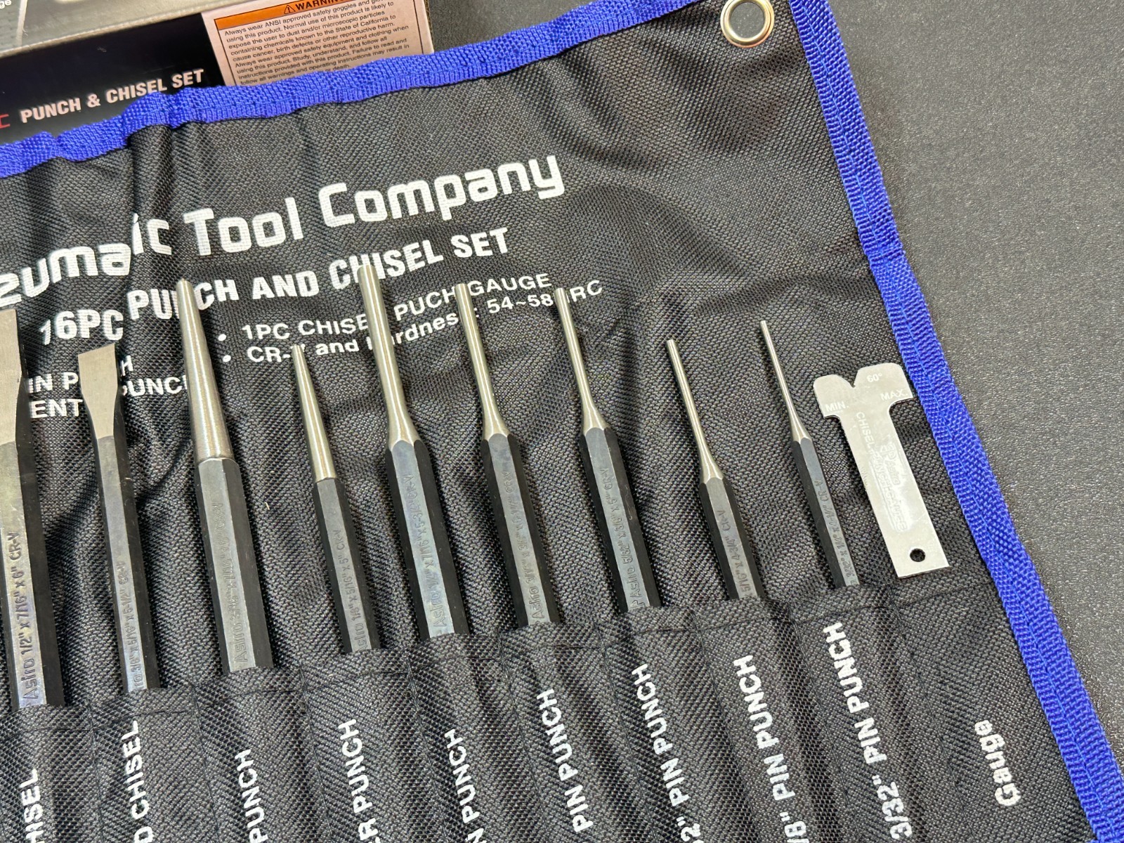 NEW Astro Pneumatic 1600 16pc Chisel and Punch Set w/ Gauge in Kit Bag