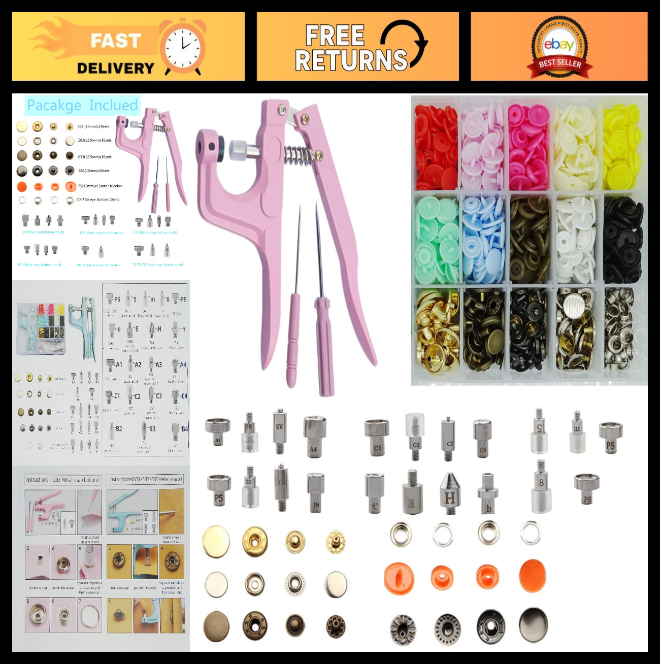 Heavy-Duty Snap Fasteners Kit – Snap Pliers Set for T3/T5/T8 Buttons, Marine Rep