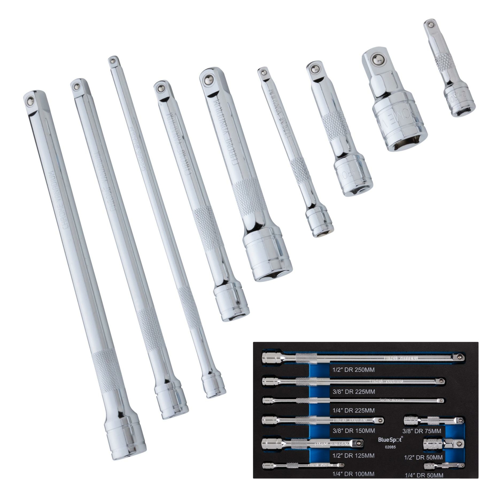 Bluespot 9pc Long Reach Mixed Drive Socket Extension Bar Set 1/4″ 3/8″ 1/2″
