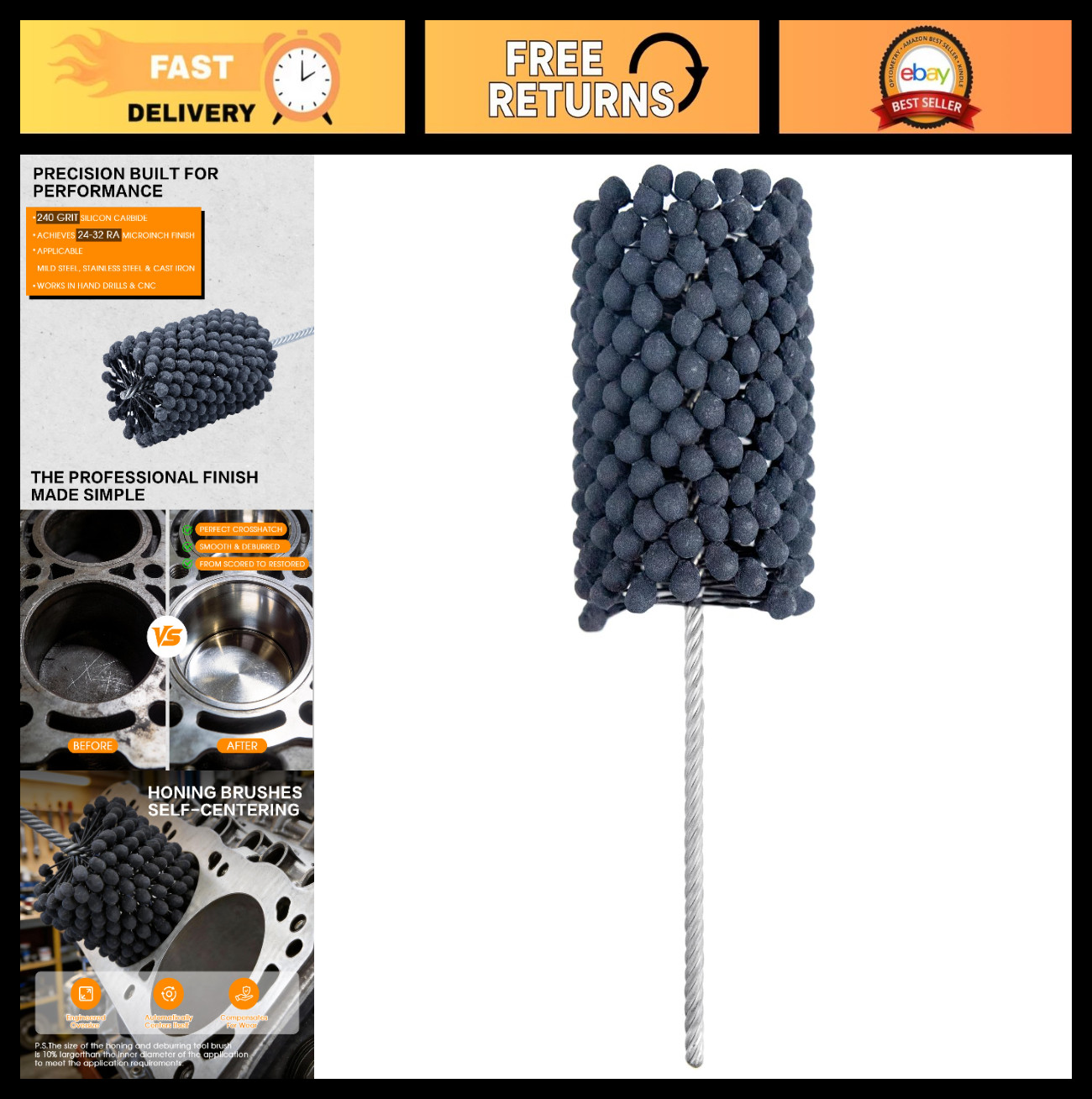 4″ Ball Style Cylinder Hone, 240 Grit Flexible Tool for Engine Rebuilding, Debur