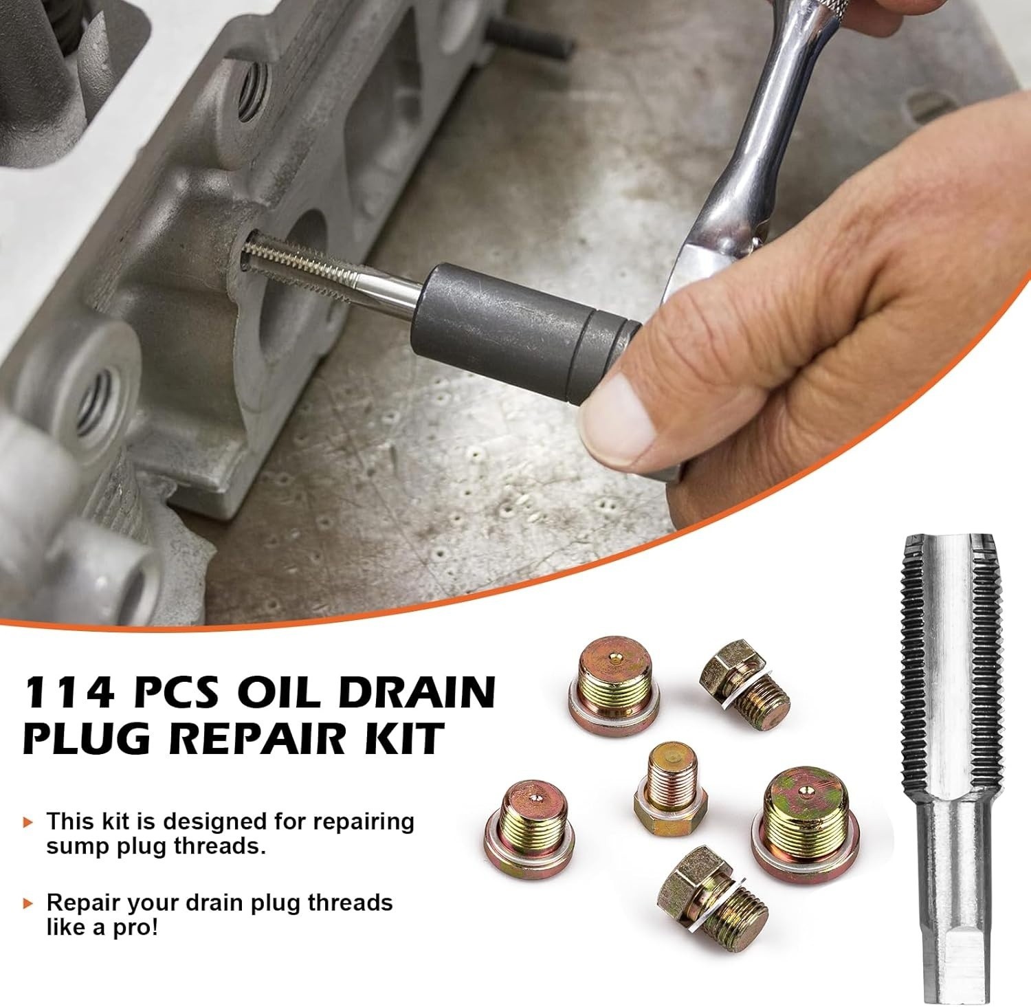 114PCS Oil Pan Drain Plug Repair Kit, Metric Thread Repair Tool M13-M22 Sizes