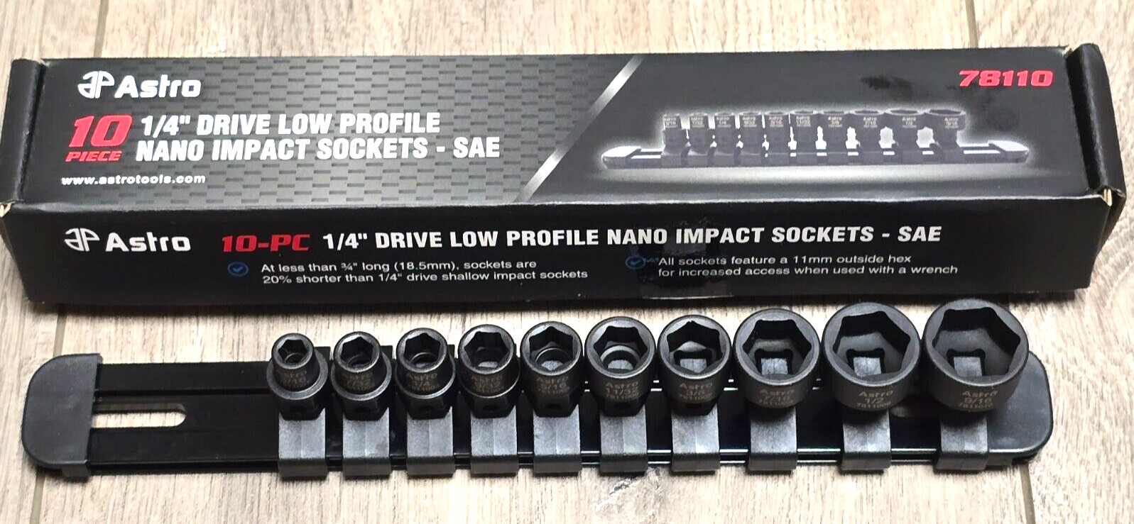 Astro 1/4″ dr 10pc SAE Low Profile Stubby Nano Impact socket Set w/Rail #78110