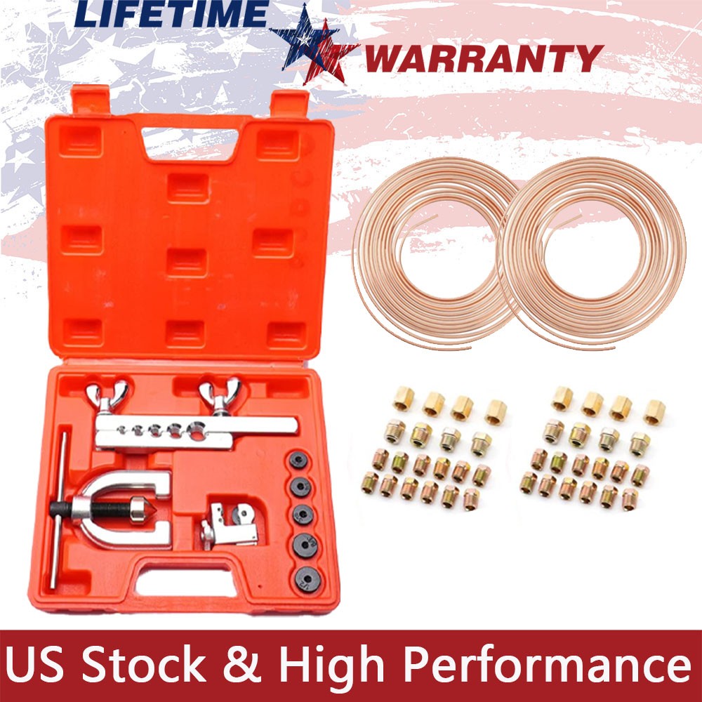 NEW 25FT 3/16 + 1/4 Copper Coated Brake Line & Double & Single Flaring Tool Kit