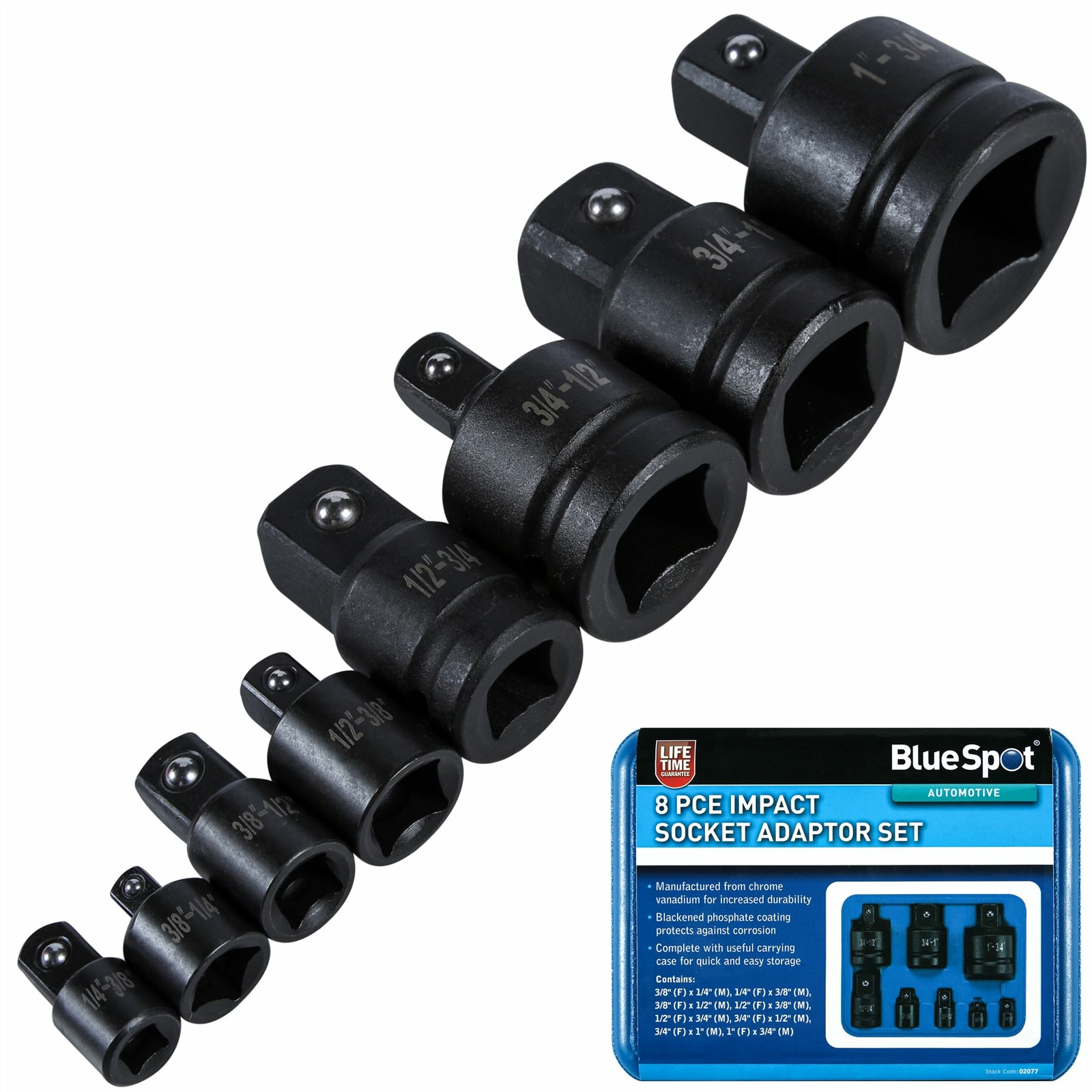 BlueSpot 8pce Impact Socket Converter Reducer Adapter Set 1/2″ 1/4″ 3/8″ 3/4″ 1″