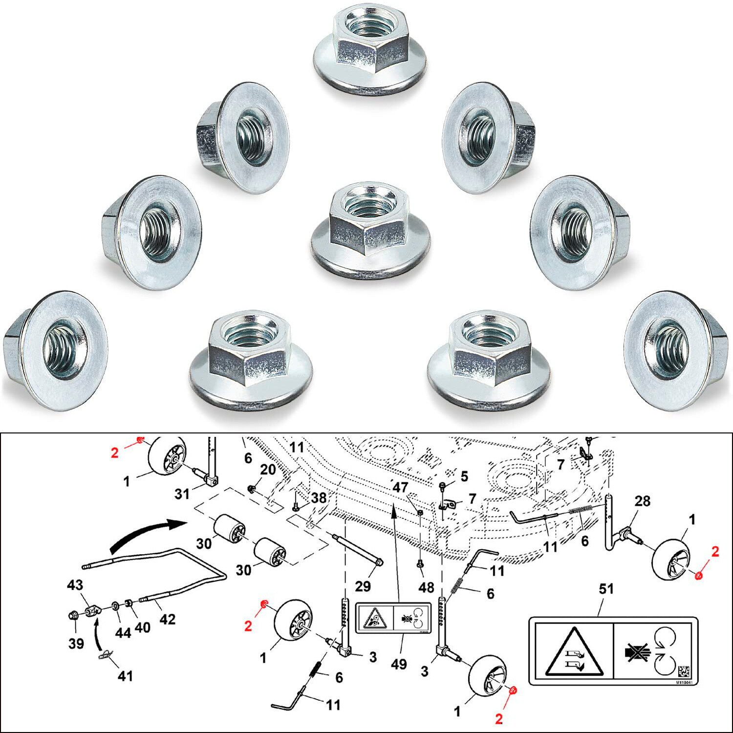 M142955 Lock Nuts Set for John Deere 2025, 4210, GT322, GX255, LA150, LX280,X300