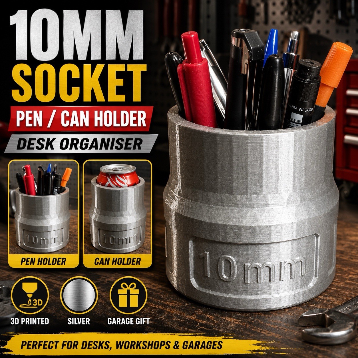 10mm Socket Pen Holder Desk / Bench / Toolbox Tidy Gift Silver Snap On