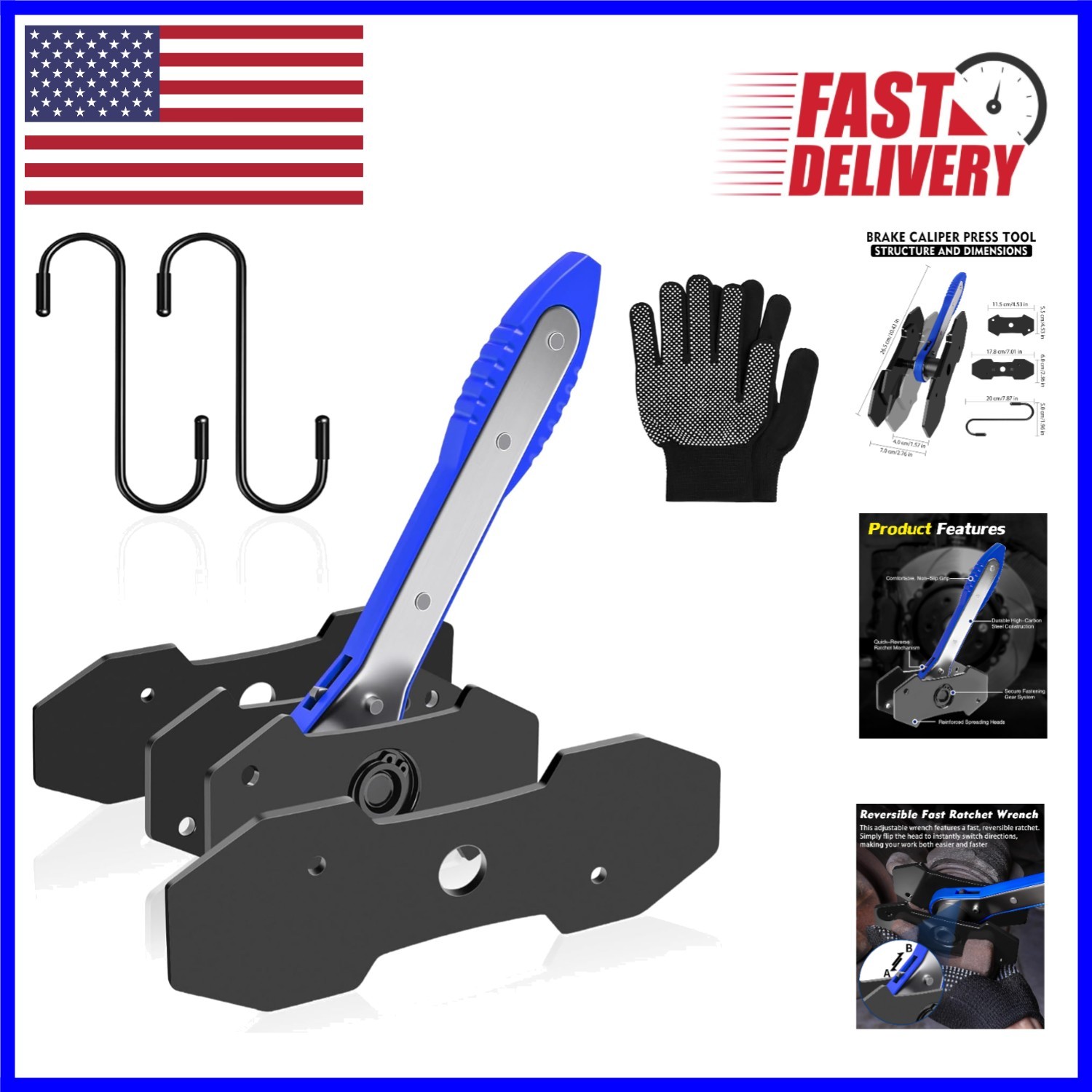 Precision Brake Caliper Compression Tool with 360° Swing Ratchet & Gloves