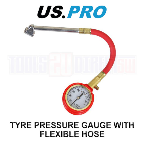 US PRO Tyre Pressure Gauge with Flexible Hose & Air Release Valve 5-70 PSI 8806