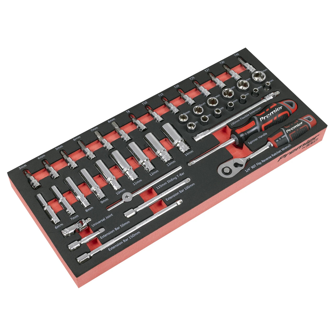 Sealey Tools TBT40 Socket Bit Ext Bar & Ratchet 1/4 D Set In EVA Foam Tray TBTCH