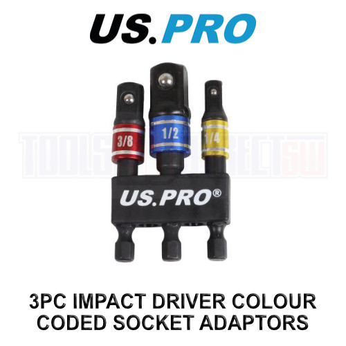 US PRO Tools 3pc Impact Driver Colour Coded Socket Adaptors 7168