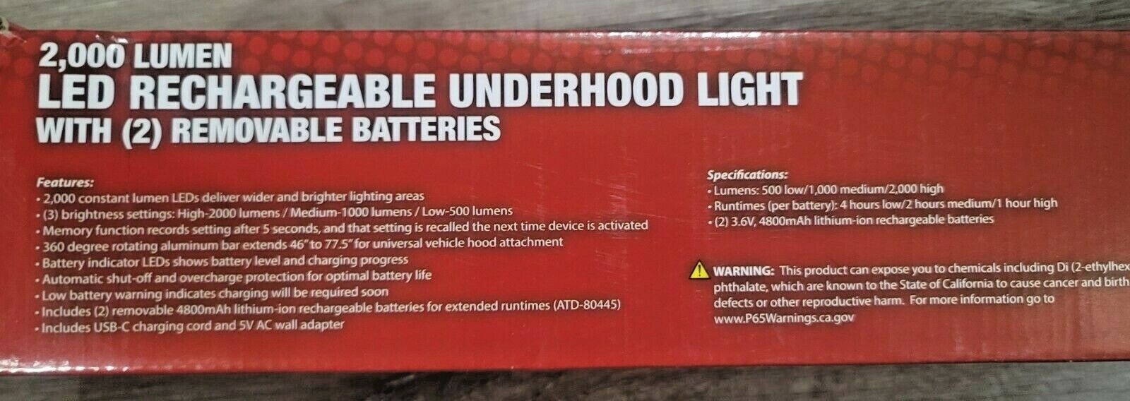 ATD SABER 2,000 Lumen Rotating Rechargeable Underhood Light w/2 Batteries #80444