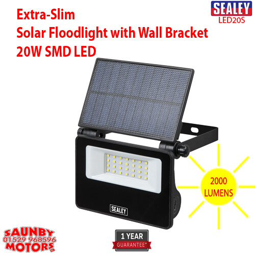Sealey LED20S Extra-Slim Solar Floodlight with Wall Bracket 20W SMD LED 2000Lu