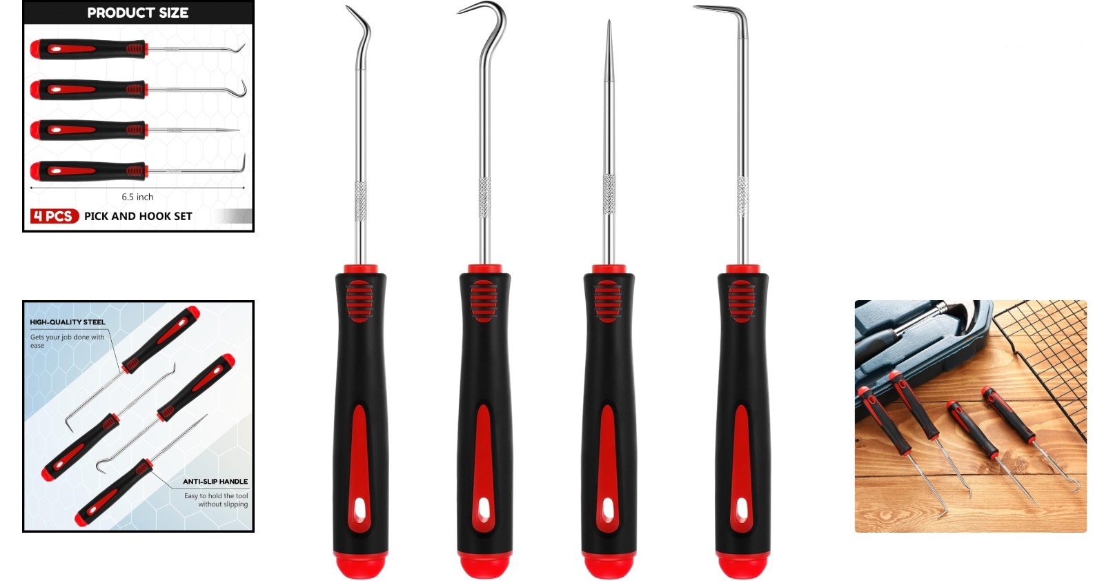 Precision 4-Pc Pick and Hook Set for Automotive Mechanics – 6.5 Inches, Red