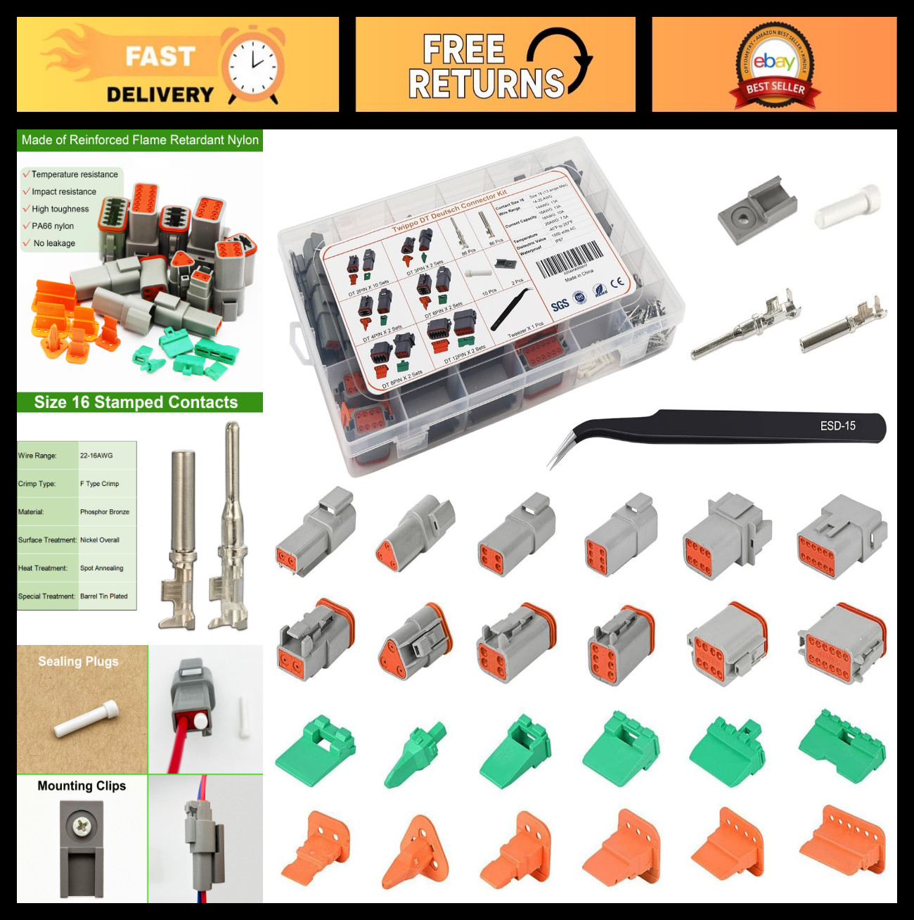 Automotive Waterproof Connector Kit – 20 Sets, 2-12 Pin DT Connectors, 16# Conta