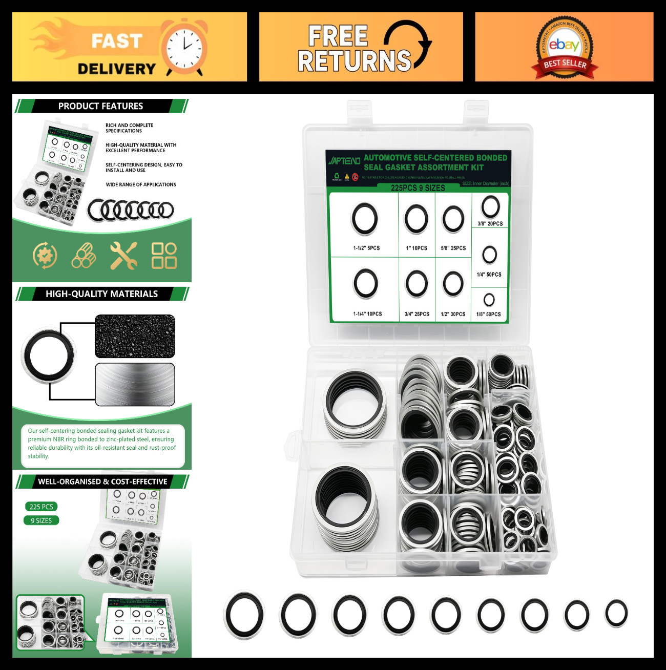 225 PCS Automotive Gasket Assortment Kit – NBR Washers, 9 Sizes, Zinc-Plated Ste