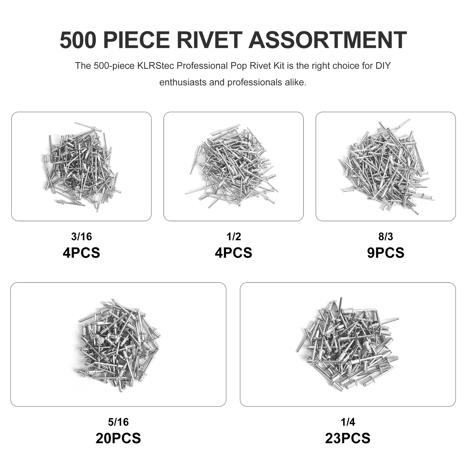 Industrial Aluminum Pop Rivet Assortment 500pcs 3/16-1/2″ F Hand/Air Riveter Gun