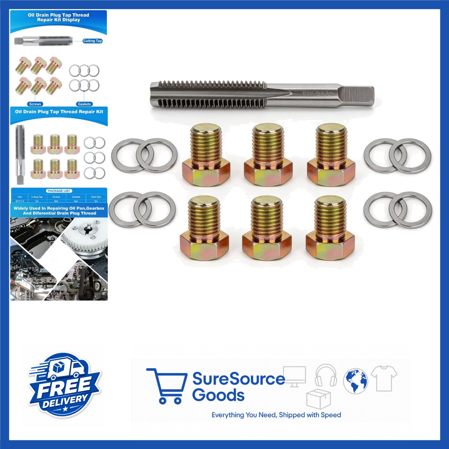 Oil Drain Plug Thread Repair Kit M13 X 1.5MM with 6 Plugs and Washers