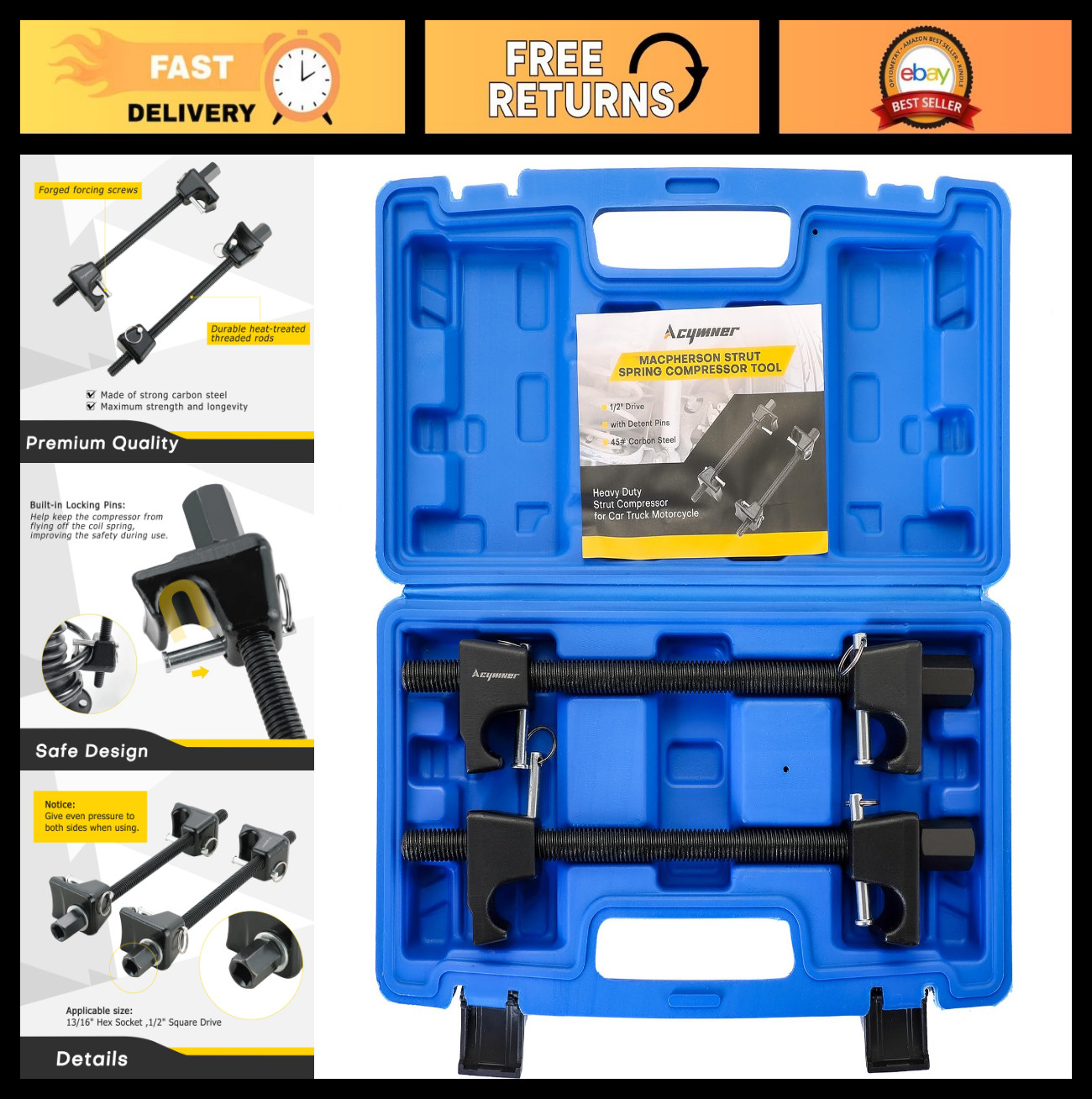 Coil Spring Compressor Tool Kit | 1/2″ Drive Strut Compressor for Car, Truck, Mo