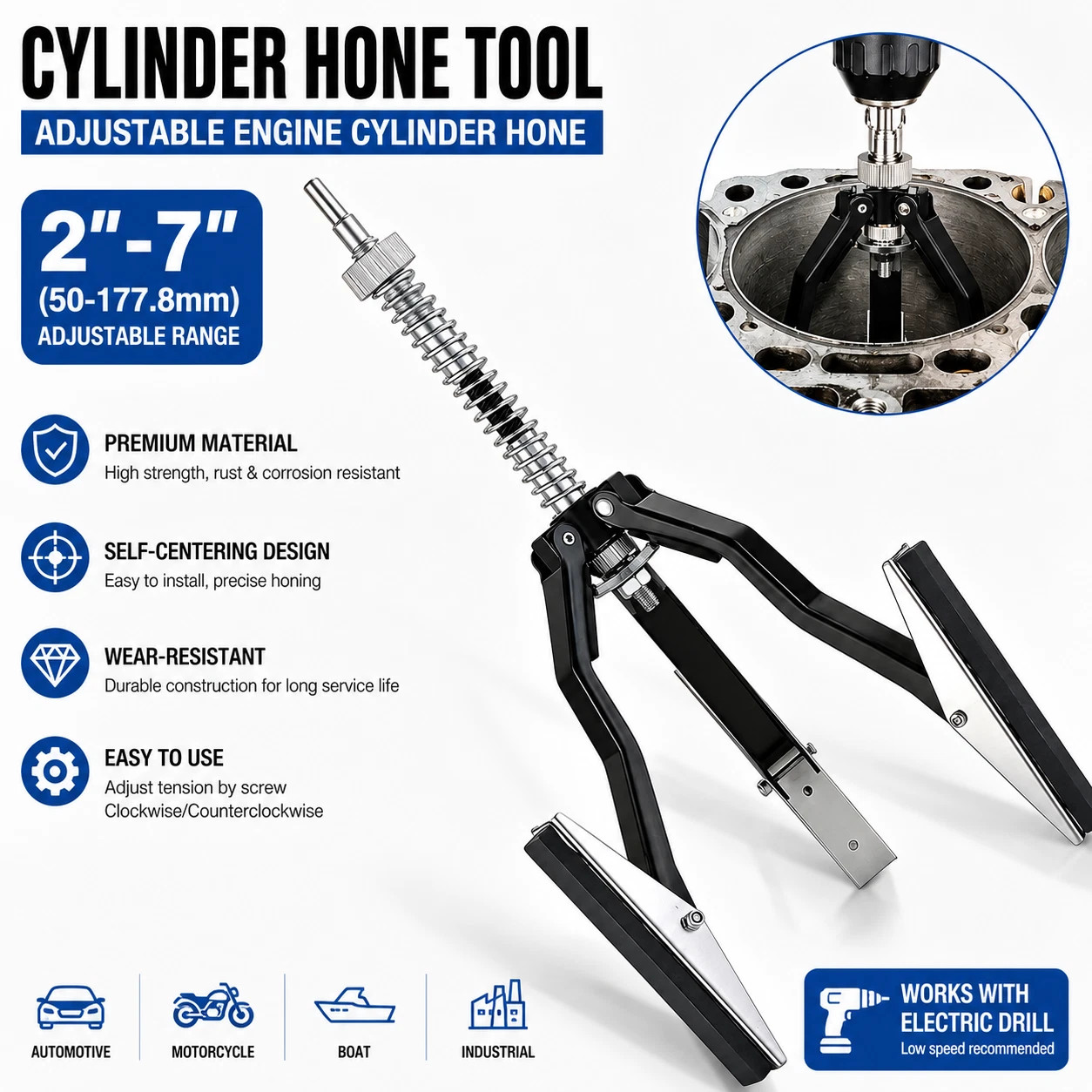 2″-7″ Adjustable Cylinder Hone Tool 4in Stones 220 Grit Engine Bore Honing Cars