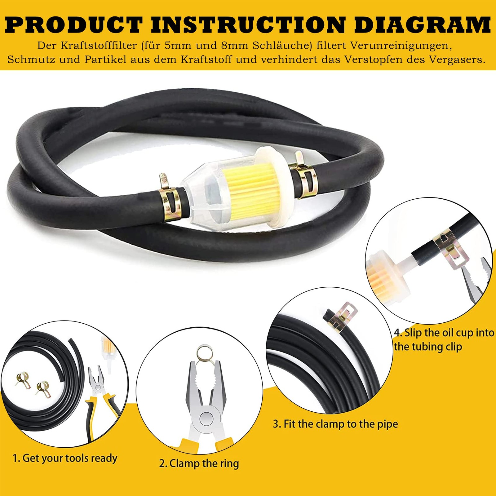 2 Metre Fuel Hose Kit, Fuel Line Kit Ø 5 mm with 2 Piece Petrol Fi…
