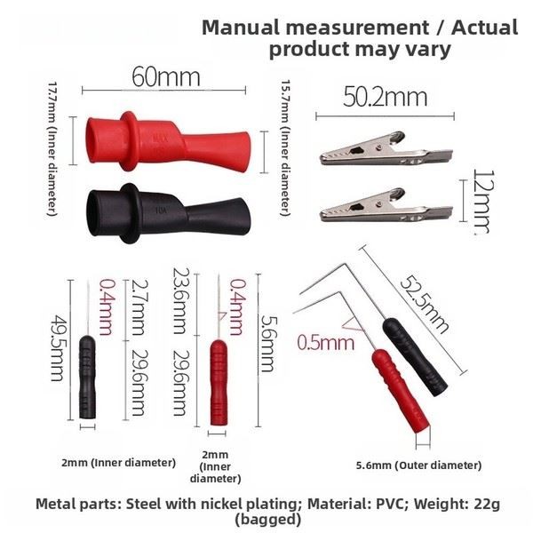 Multimeter Test Leads Featuring Straight and 90 Degree Angled Probes with Clips