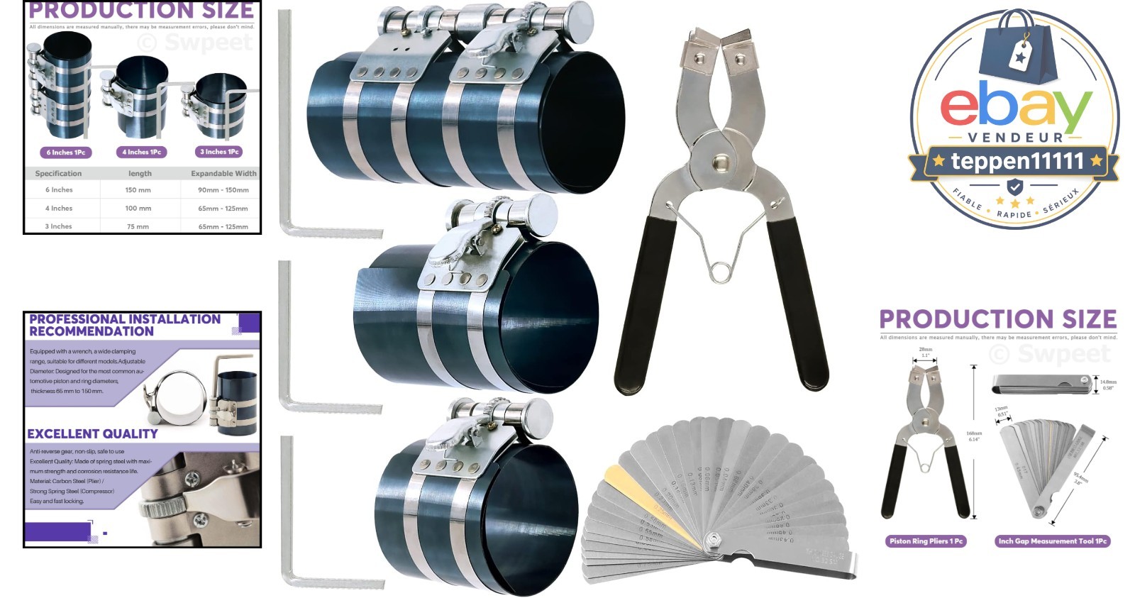 Piston Ring Compressor Tool Set 8Pcs Adjustable Pliers Wrench Feeler Gauge