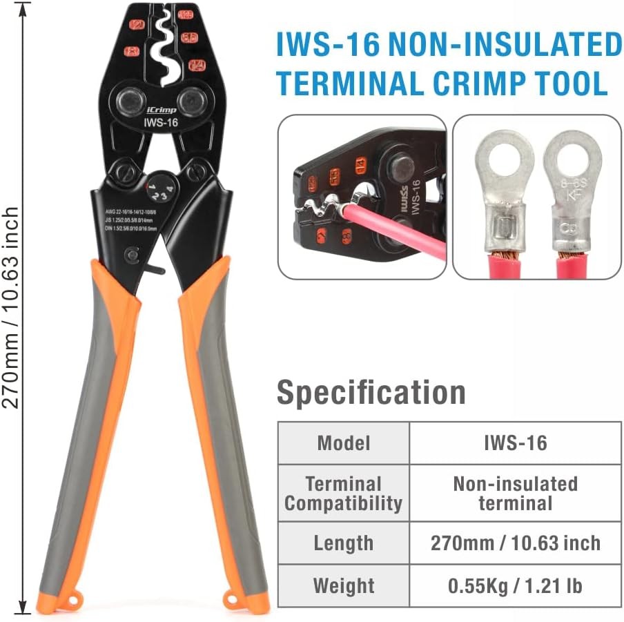 iCrimp Non Insulated Terminal Crimper, AWG 22-6 Ratchet IWS-16 AWG22-6, Black