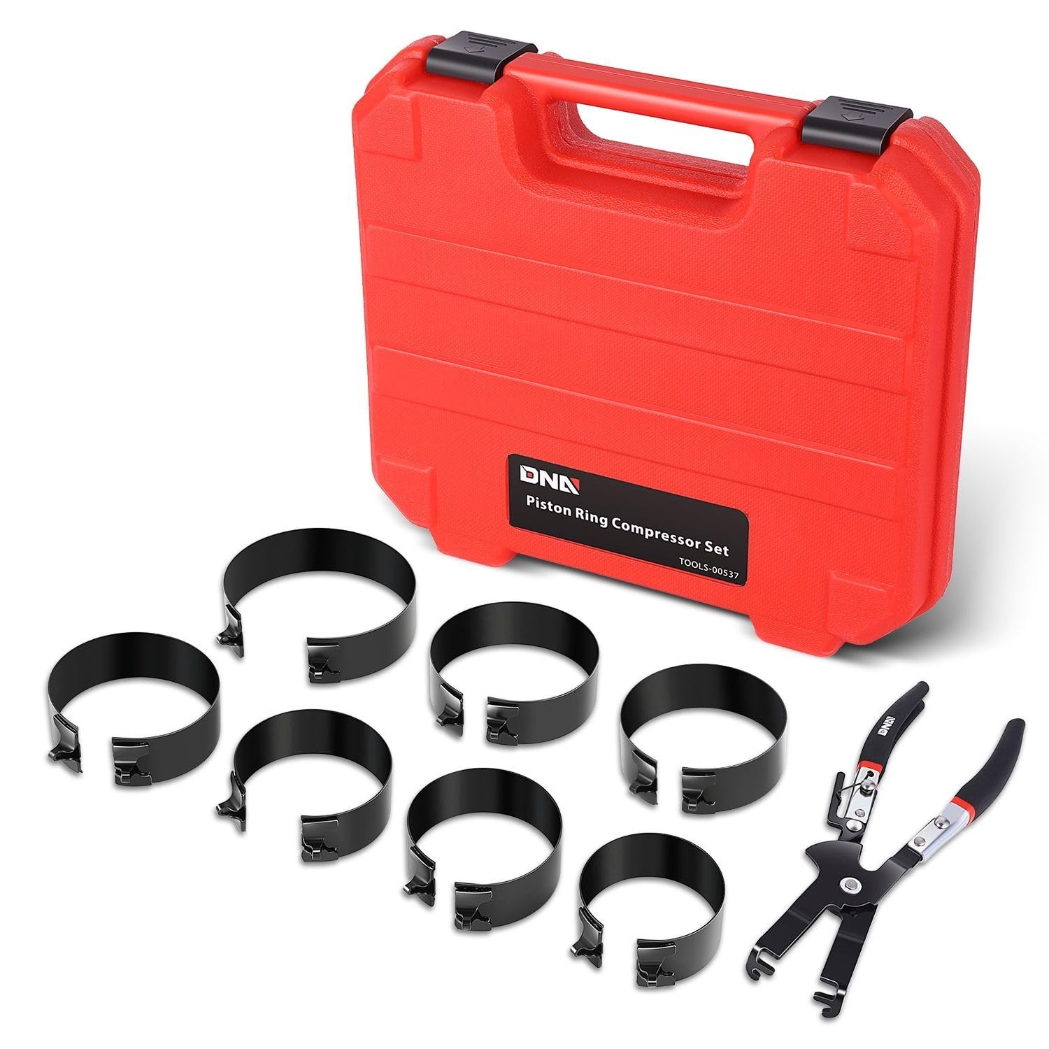 Engine Piston Ring Compressor Set with Compression Pliers & 7 Rings (2-7/8″ – 4-