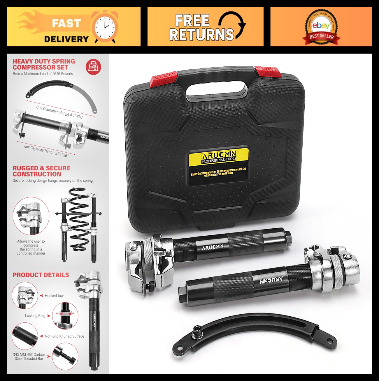 Heavy Duty Coil Spring Compressor Tool Set, 2645 lb Capacity, Macpherson Strut,